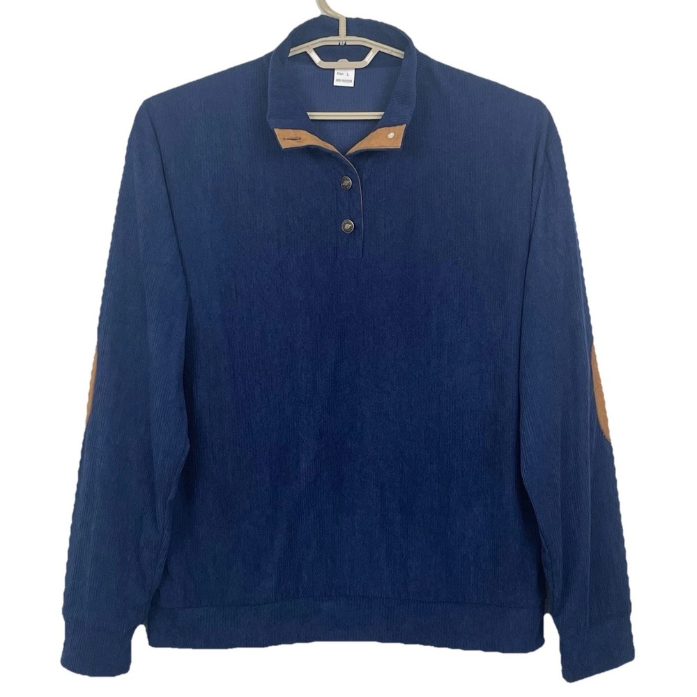 Hengsheng Jeans Corduroy-Look Pullover Shirt L-XL Blue Long Sleeve Elbow Patches
